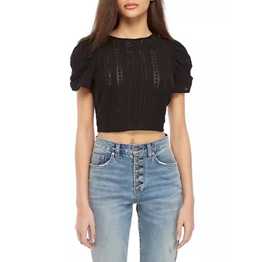 Free People Women’s Black Star Struck Tee Eyelet Open Back Crop Top Sz XS